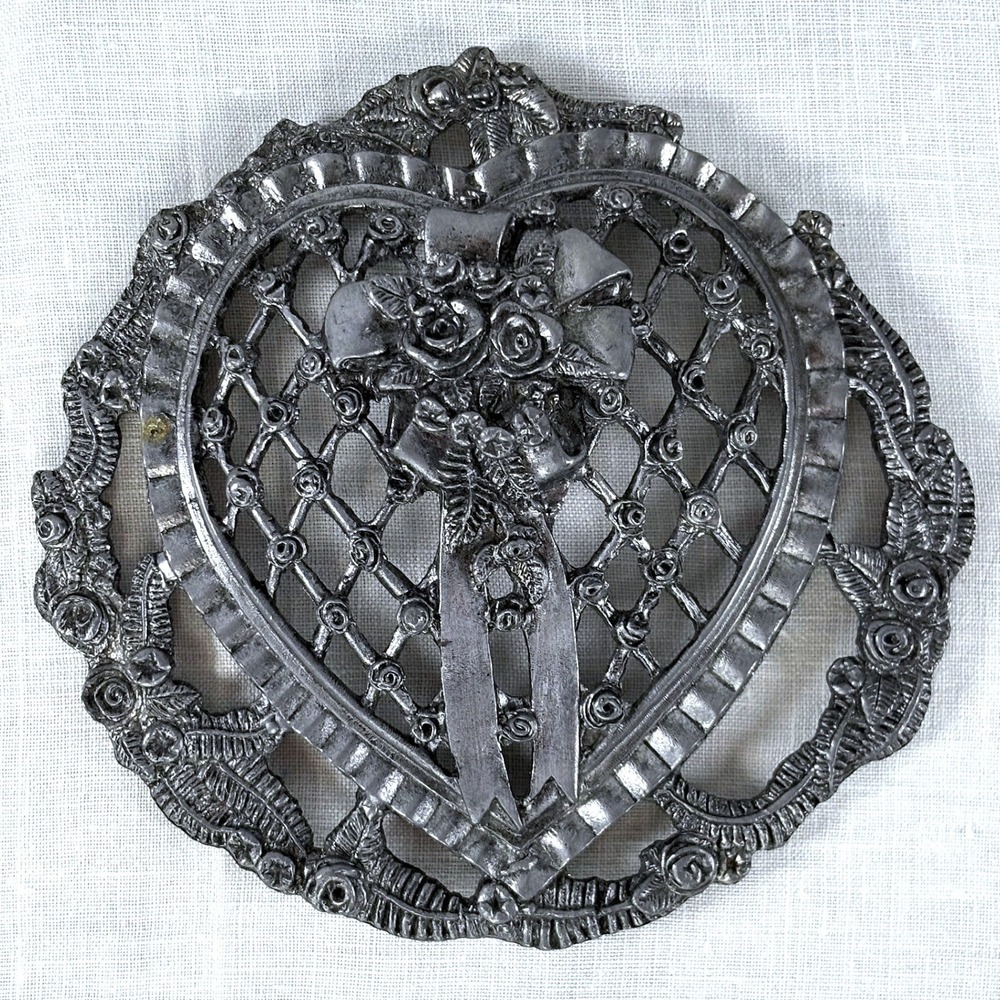 Vintage Metzke Pewter Heart Rose Bow Lattice Wall Hanging